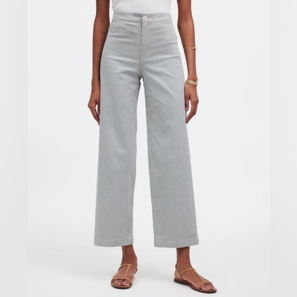 Madewell The Emmett Wide-Leg Crop Pant: Welt Pocket Edition Navy White Pinstripe